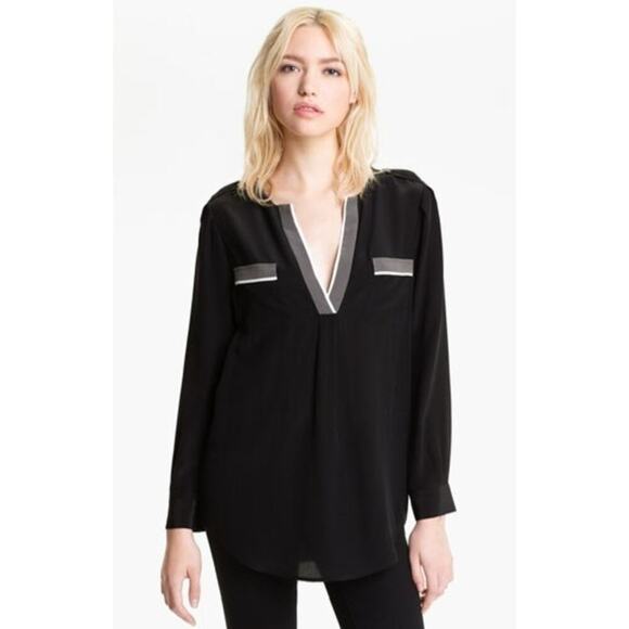 Joie 'Mystic' Black Silk Blouse - Contrast Trim V-Neck Long Sleeve Shirt - Picture 1 of 10